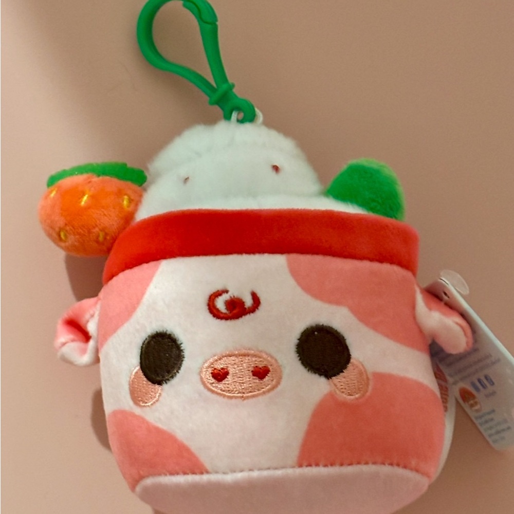Pink Plush Strawberry Mooshake  Clip-On Bag Charm - Keychain